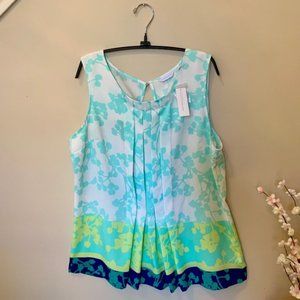 New York & Company White Aqua Floral Pleated Tank